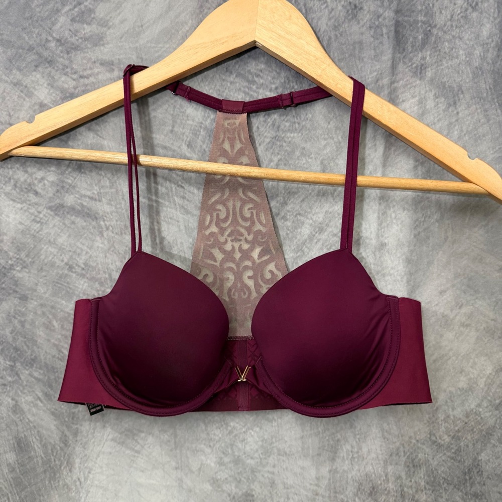 Victorias Secret Racerback Demi Bra Burgundy Wine Laser Cut Mesh 36B 376525-BPV